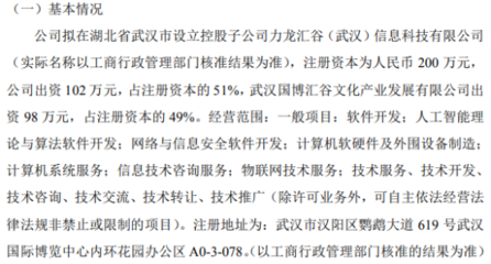 力龍信息擬投資102萬設(shè)立控股子公司力龍匯谷，加碼人工智能理論與算法軟件開發(fā)